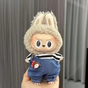 Striped Denim Costume with Pendant for Labubu Figurine – Casual Doll Edition