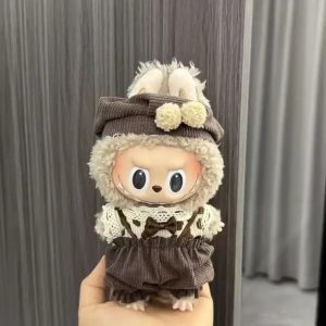 Elegant Brown Pompom Costume for Labubu Figurine – Vintage Knit Edition