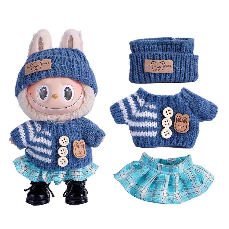 Labubu Clothes Set – 3-Piece Blue Knit Outfit