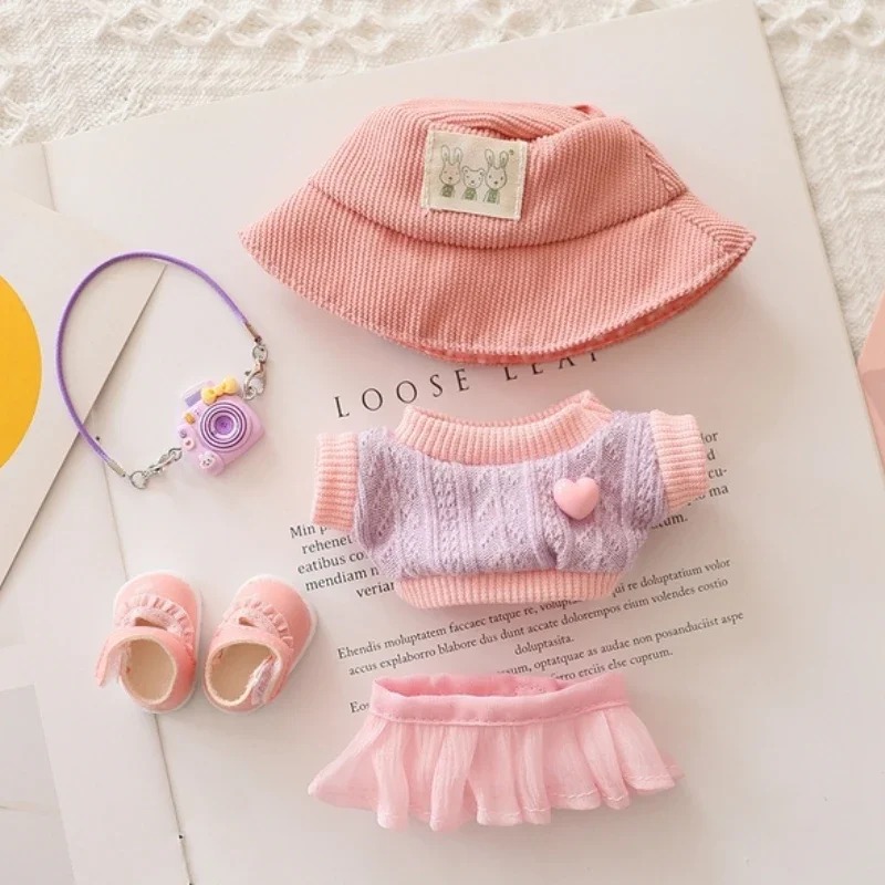 Labubu outfit set Pink – knit top, pink tulle skirt, bucket hat, shoes and mini camera (fits 17 cm)