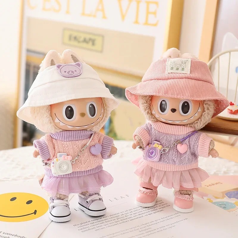 Labubu dressed in pastel outfit with bucket hat and camera charm (17 cm compatible)