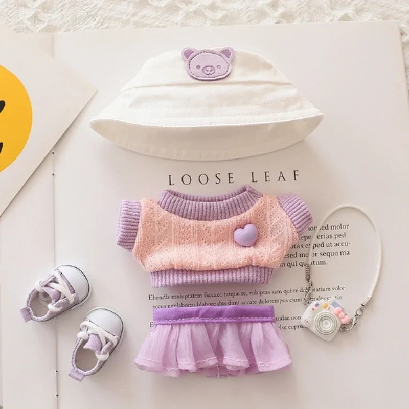 Labubu outfit set Lilac – peach knit top, lilac skirt, white hat, trainers and mini camera (fits 17 cm)