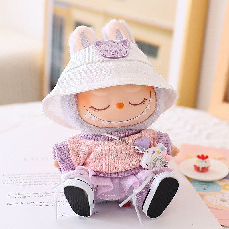 Labubu outfit set Lilac – peach knit top, lilac skirt, white hat, trainers and mini camera (fits 17 cm)