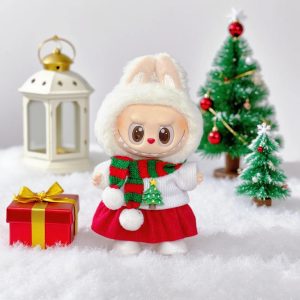 Labubu 17 cm Christmas Outfit – White Sweater, Green Scarf & Red Skirt (No Doll, No Shoes)