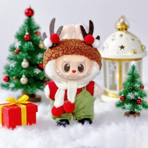 Labubu 17 cm Christmas Reindeer Outfit – Antler Hat, Red Sweater & Green Trousers (No Doll, No Shoes)