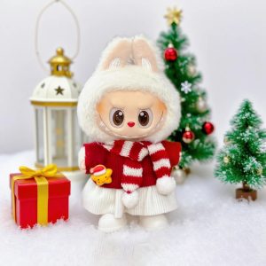 Labubu 17 cm Christmas Outfit – Red Sweater, Striped Scarf & White Pleated Skirt (No Doll, No Shoes)
