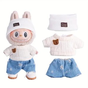 Labubu Clothes Set – 3-Piece White Knit & Denim Outfit